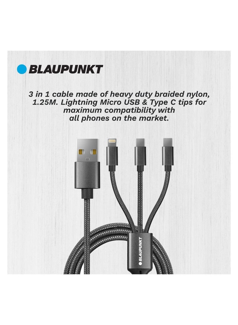 Blaupunkt 3-In-1 Multi Charging Braided Cable for Type-C , Lightning and micro-USB Devices, 1.2m, Black - Image 2