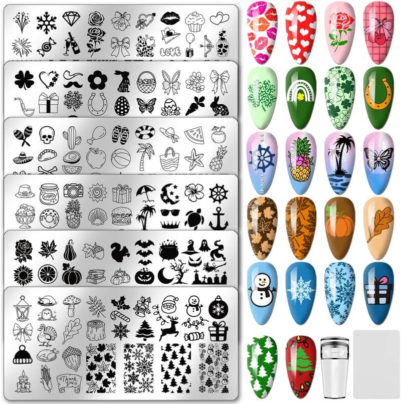 PH PandaHall 6pcs Holiday Themes Nail Stamping Plates Christmas Halloween Nails Art Stencils Valentines Easter Nails Stamp Design Summer Beach Manicure Art Templates for Women Manicures Salon Design