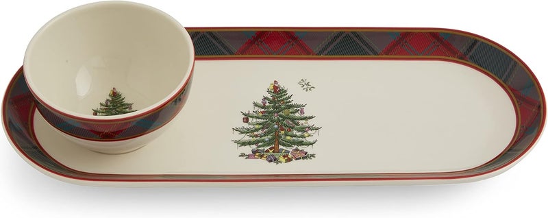 Spode Christmas Tree 2Piece Tartan Chip and Dip Set  13Inch Holiday Serving Platter with Dip Bowl  Tartan Plaid Border  Fine Earthenware Durable  Versatile Dishwasher Microwave Freezer Safe - Image 1