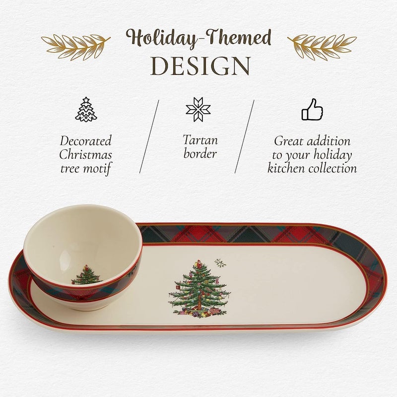 Spode Christmas Tree 2Piece Tartan Chip and Dip Set  13Inch Holiday Serving Platter with Dip Bowl  Tartan Plaid Border  Fine Earthenware Durable  Versatile Dishwasher Microwave Freezer Safe - Image 3