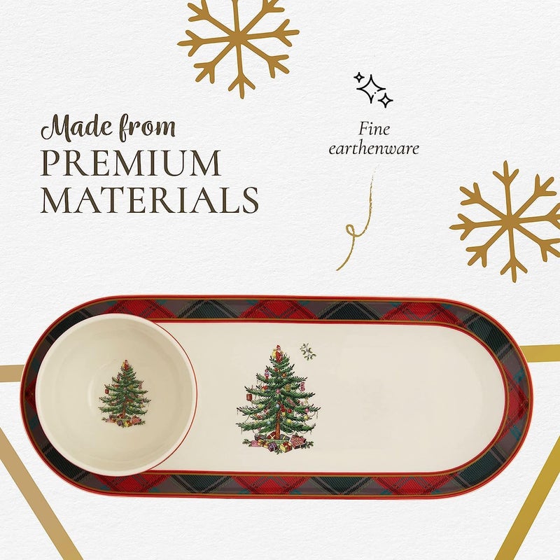 Spode Christmas Tree 2Piece Tartan Chip and Dip Set  13Inch Holiday Serving Platter with Dip Bowl  Tartan Plaid Border  Fine Earthenware Durable  Versatile Dishwasher Microwave Freezer Safe - Image 4