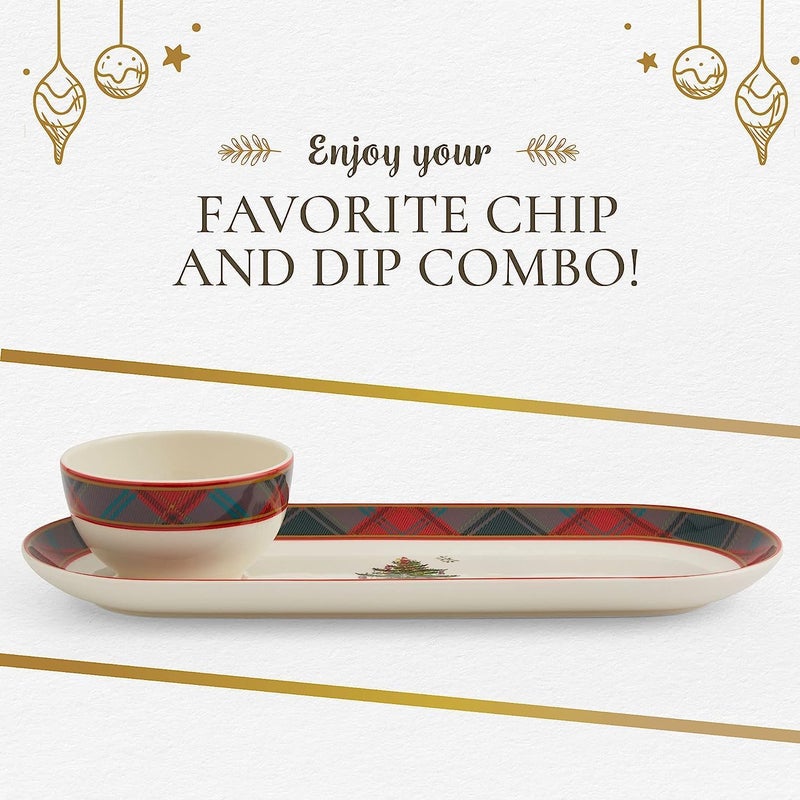 Spode Christmas Tree 2Piece Tartan Chip and Dip Set  13Inch Holiday Serving Platter with Dip Bowl  Tartan Plaid Border  Fine Earthenware Durable  Versatile Dishwasher Microwave Freezer Safe - Image 5
