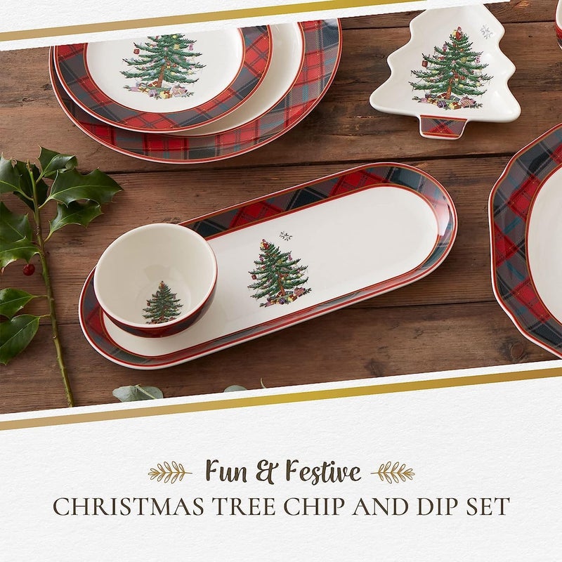 Spode Christmas Tree 2Piece Tartan Chip and Dip Set  13Inch Holiday Serving Platter with Dip Bowl  Tartan Plaid Border  Fine Earthenware Durable  Versatile Dishwasher Microwave Freezer Safe - Image 2