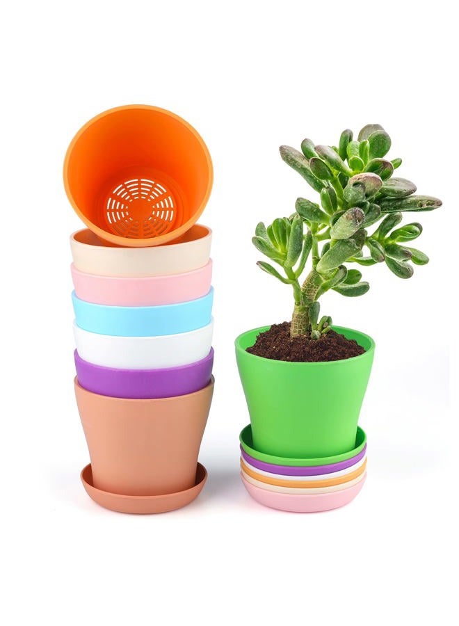KINGLAKE 8 Pcs 4'' Plastic Plant Flower Seedlings Nursery Pot/Pots Planter Colorful Flower Plant Container Seed Starting Pots with Pallet,8 Colors - Image 3