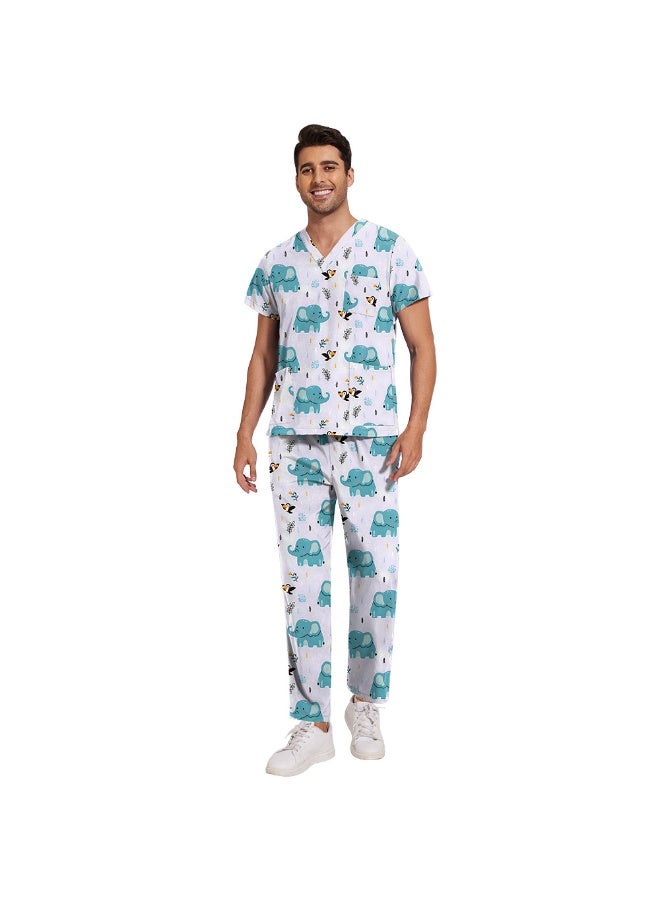 NIBEMINENT Scrub Set Men Casual Short-sleeved Pet Nurse Work Clothes Cartoon Print V-neck Dentist Work Uniform Practical Pocket - Image 1