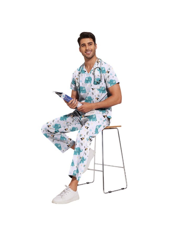 NIBEMINENT Scrub Set Men Casual Short-sleeved Pet Nurse Work Clothes Cartoon Print V-neck Dentist Work Uniform Practical Pocket - Image 3