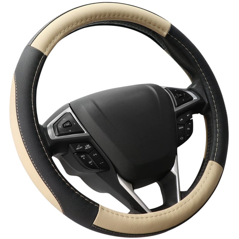 SEG Direct Car Steering Wheel Cover for F150 Tundra Range Rover 15516 inch Black and Beige Microfiber Leather