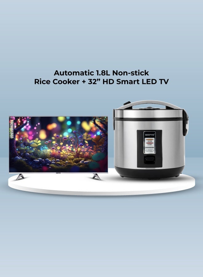 GEEPAS Automatic 1.8L Non-Stick Rice Cooker (Silver/Black) + 32-Inch HD Smart Android LED TV (Black) - Image 1