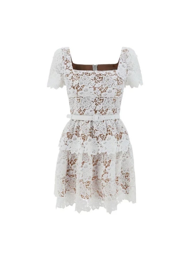 Loquat White Square Neck Floral Lace Dress for petite ladies  - Image 4