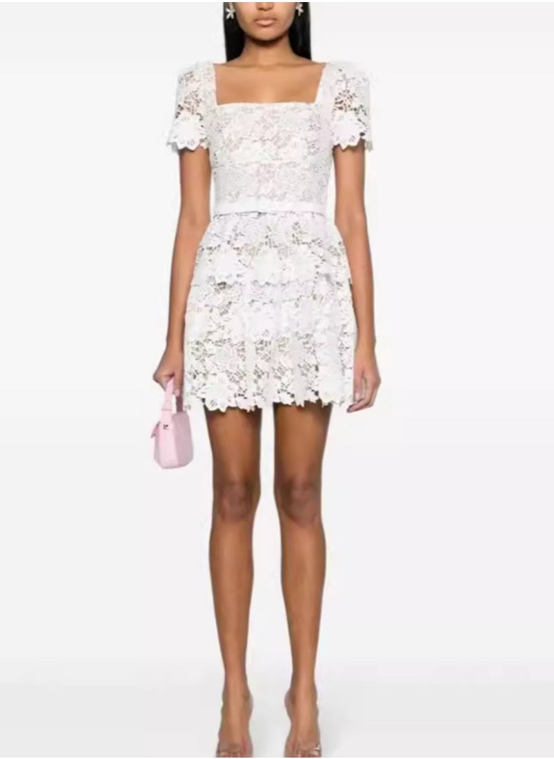 Loquat White Square Neck Floral Lace Dress for petite ladies  - Image 1