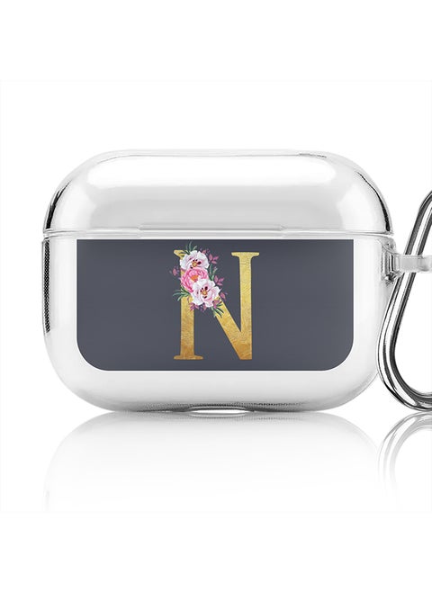 Classic Clear printed Case for Apple AirPods Pro 2nd Generation Thin Transparent Cover - Custom Monogram Initial Letter Floral Pattern Alphabet - N (Grey )