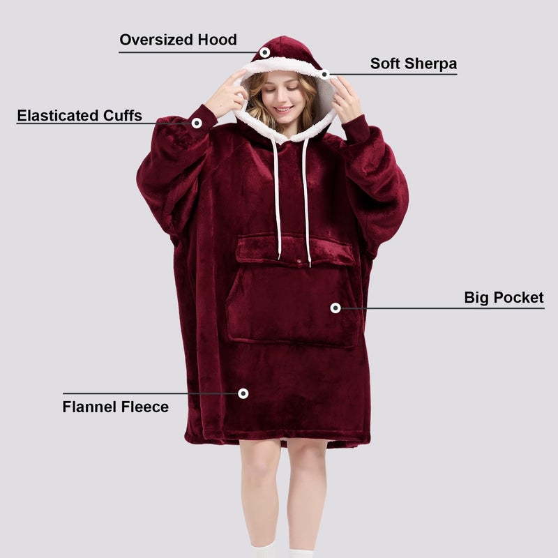 Qeils Wearable Blanket Hoodie for Women, Comfy Sherpa Sweatshirt Blanket as Birthday Christmas Gifts, Oversized Pullover Jacket Blanket Hoodie for Adult (Burgundy, Adult) - Image 4