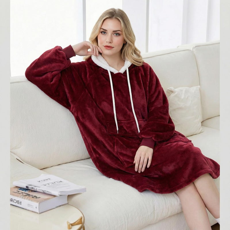 Qeils Wearable Blanket Hoodie for Women, Comfy Sherpa Sweatshirt Blanket as Birthday Christmas Gifts, Oversized Pullover Jacket Blanket Hoodie for Adult (Burgundy, Adult) - Image 2