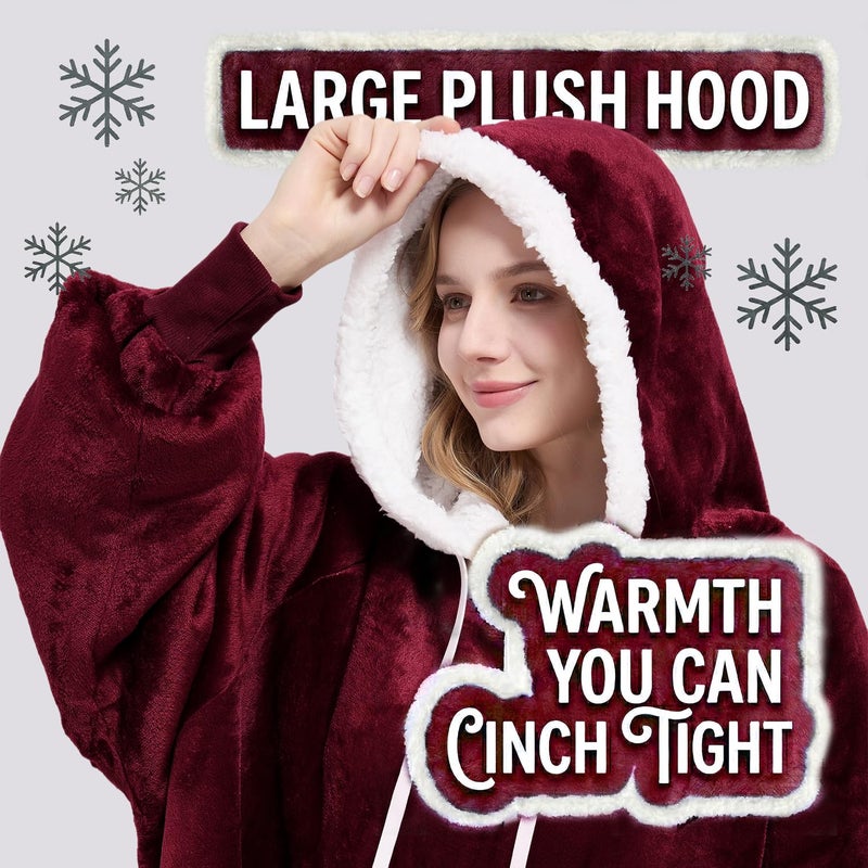 Qeils Wearable Blanket Hoodie for Women, Comfy Sherpa Sweatshirt Blanket as Birthday Christmas Gifts, Oversized Pullover Jacket Blanket Hoodie for Adult (Burgundy, Adult) - Image 3