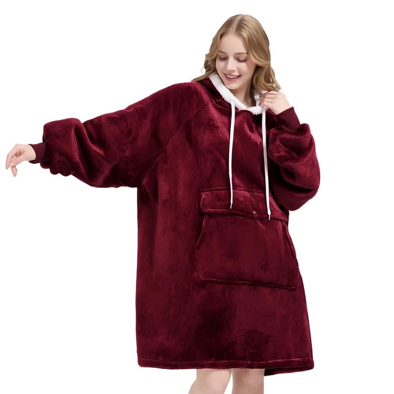 Qeils Wearable Blanket Hoodie for Women, Comfy Sherpa Sweatshirt Blanket as Birthday Christmas Gifts, Oversized Pullover Jacket Blanket Hoodie for Adult (Burgundy, Adult) - Image 1