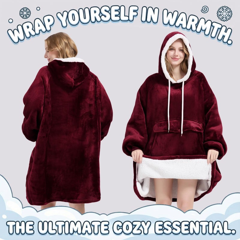 Qeils Wearable Blanket Hoodie for Women, Comfy Sherpa Sweatshirt Blanket as Birthday Christmas Gifts, Oversized Pullover Jacket Blanket Hoodie for Adult (Burgundy, Adult) - Image 5