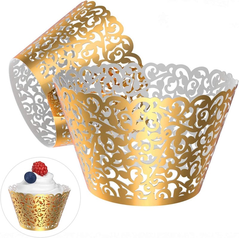 Zikra Cupcake Wrappers, 50 Pcs Pearl Lace Filigree Wedding Cupcake Wrapper Baking Cake Cups Wraps Party Decoration Laser Cut (Gold) - Image 1