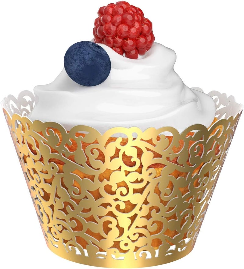 Zikra Cupcake Wrappers, 50 Pcs Pearl Lace Filigree Wedding Cupcake Wrapper Baking Cake Cups Wraps Party Decoration Laser Cut (Gold) - Image 4