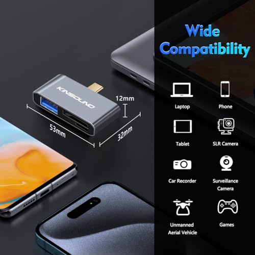Kinsound 3 in 1 USB C to SD/TF Card Reader with Type-C, SD, TF & USB Ports, Portable Micro SD Card to Type C Adapter Compatible for iPhone 16, USB-C Tablet, MacBook Pro/Air & All Android Phone - Image 5