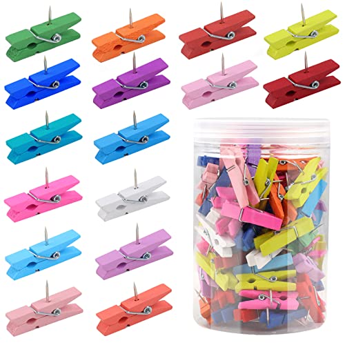 Utron 110Pcs Colorful Push Pin with Wooden Clips, Durable Wooden Push Pins, Decorative Pushpins Tacks Thumbtacks, Tacks for Cork Board Artworks Notes Photos, Offices and Homes - Image 1