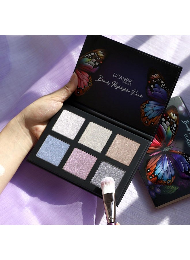 Ucanbe Beauty Highlighter Makeup Palette - 6 Colors Shimmery Powder Makeup Palette Pearl White Blonde Blue Purple Silver Face Illuminator Palette Smooth Long Lasting Waterproof Blush Bronzer Kit  - Image 1