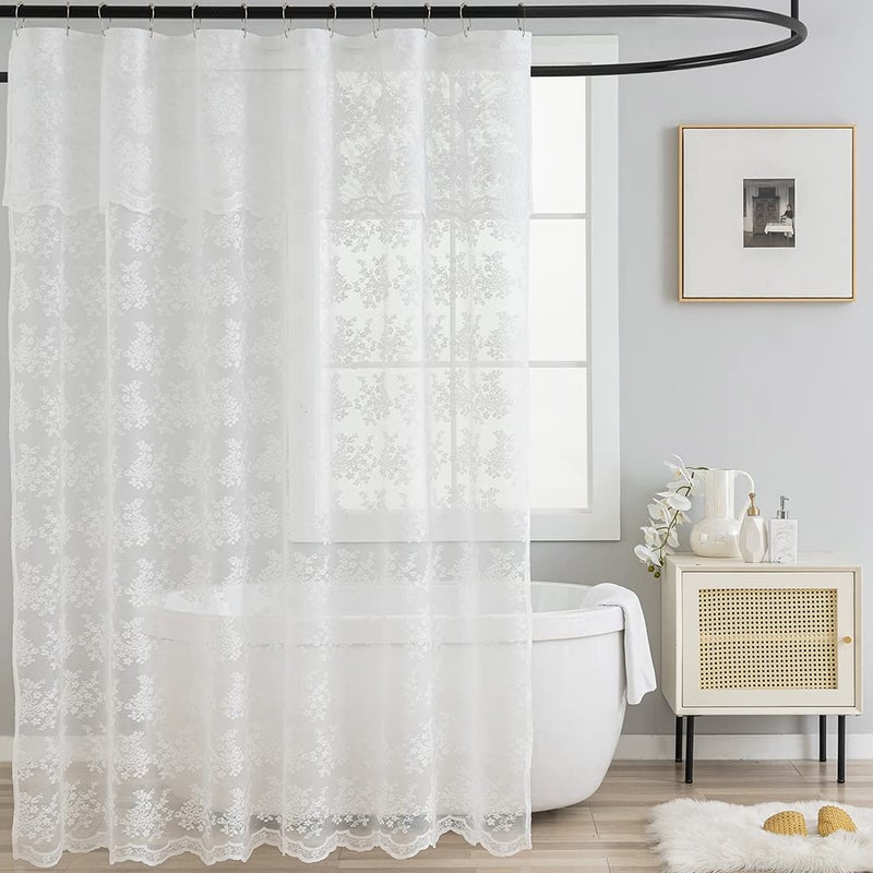 TUDECO White Lace Shower Curtain with Attach Valance Elegant Floral Shower Curtain Lace for Bathroom Vintage Sheer Scalloped Shower Curtain French Country Bathroom Decor 72 x 72 Inch 1 Panel