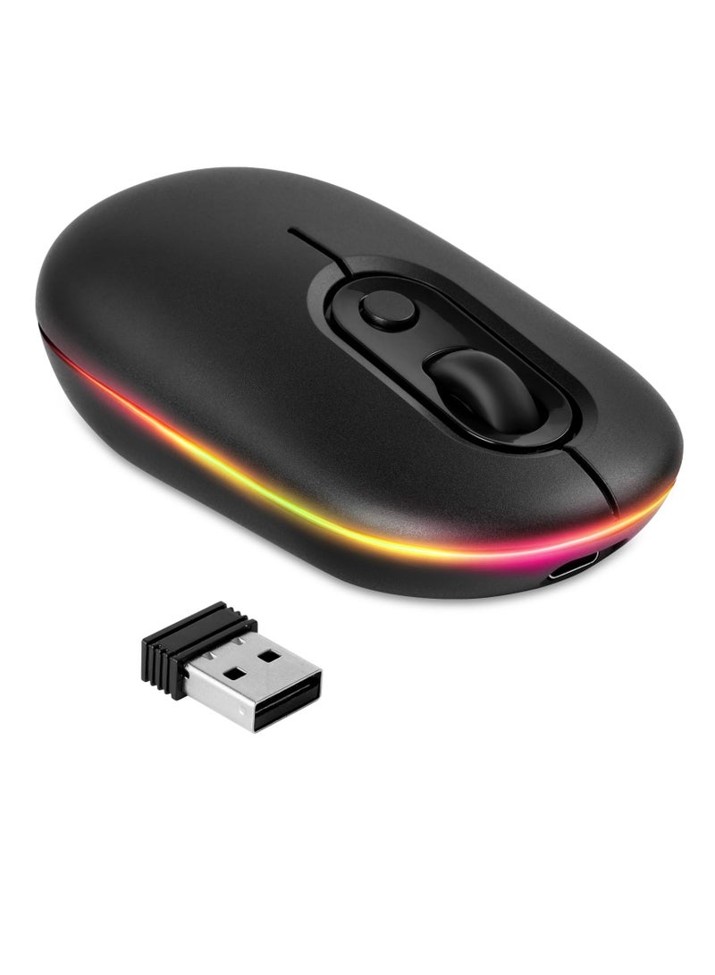 إكسفور ماوس لاسلكي للكمبيوتر المحمول، ماوس لاسلكي قابل لإعادة الشحن مع محول، وضعين (BT 5.2 + 2.4G لاسلكي)، رفيع للغاية/صامت، ماوس مضيء مع أضواء LED للكمبيوتر الشخصي/الكمبيوتر اللوحي/الكمبيوتر المحمول أسود - Image 1