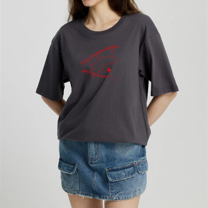 Back Bag Collar Loose Short-sleeved T-shirt Women's All-match Printed Round Neck Top T-shirt Trendy - Image 1