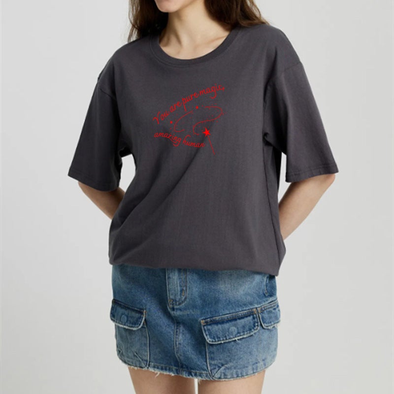 Back Bag Collar Loose Short-sleeved T-shirt Women's All-match Printed Round Neck Top T-shirt Trendy - Image 5