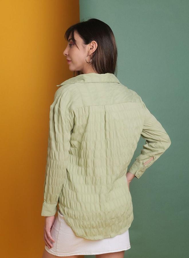 Freehand Women Green Seersucker Oversized Shirt - Image 5