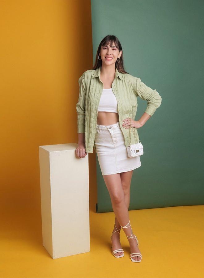 Freehand Women Green Seersucker Oversized Shirt - Image 4