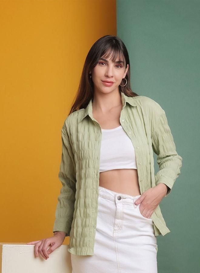 Freehand Women Green Seersucker Oversized Shirt - Image 1