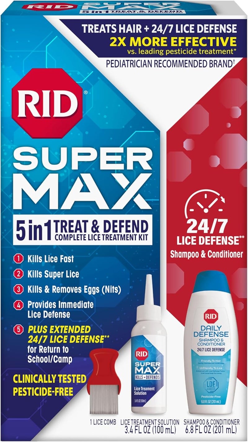 RID RID Super Max Lice Treatment Kit, Kills Lice & Super Lice & Eggs + 24/7 Lice Defense, Pesticide Free, 3.4 FL OZ Solution + 6.8 FL OZ Daily Defense Shampoo & Conditioner + Nit Removal Comb