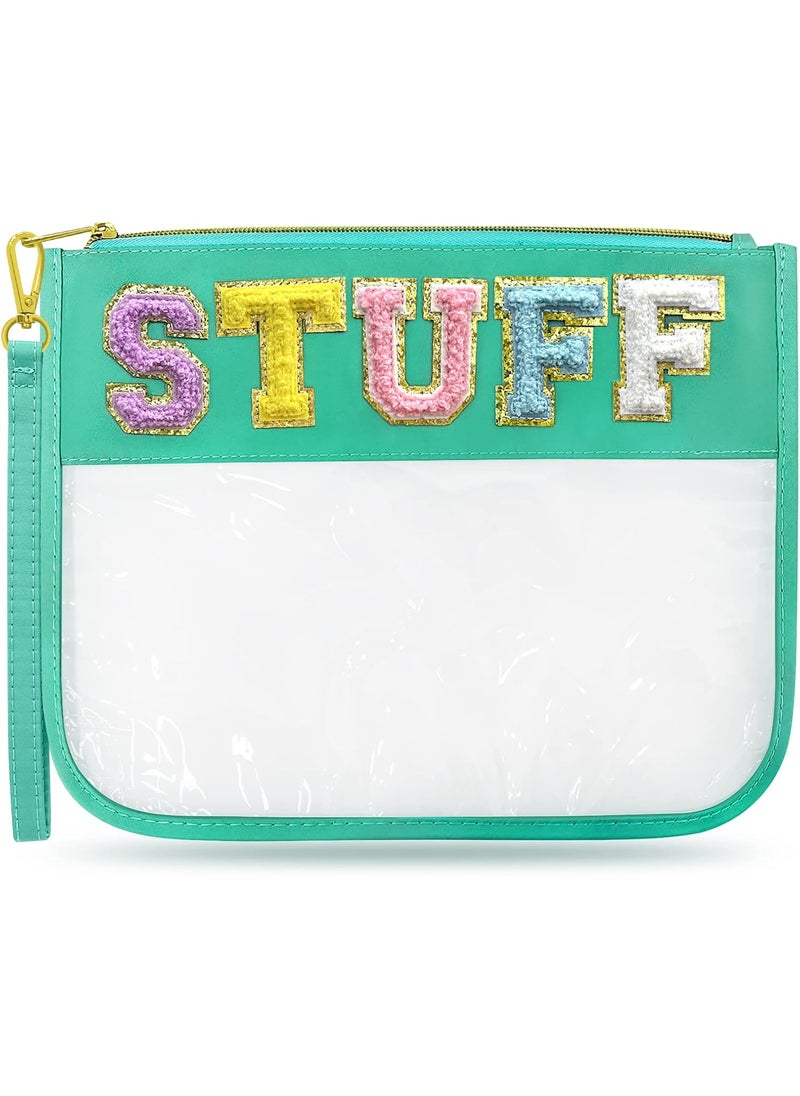 LSxia Chenille Letter Clear Travel Zipper Pouch Nylon Makeup Bag, Preppy Makeup Bag Clear Cosmetic Toiletry Bag, Water-proof Makeup Travel Pouch Snack Bags for Women (Green-Stuff) 