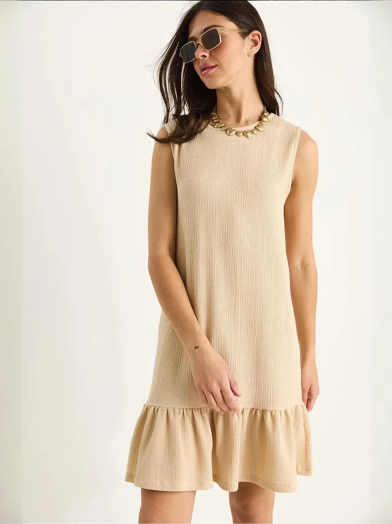 Bianco Lucci Beige Natural LUCCI Textured Crepe Midi Dress with Ruffle Detail for Women | Best Price UAE