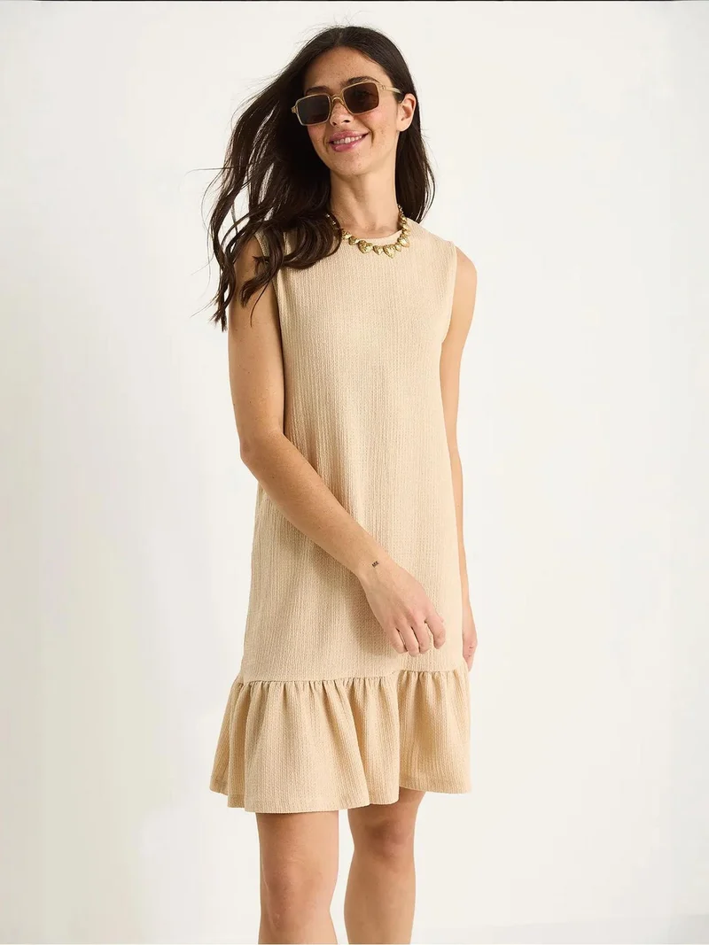 Bianco Lucci Beige Natural LUCCI Textured Crepe Midi Dress with Ruffle Detail for Women | Best Price UAE