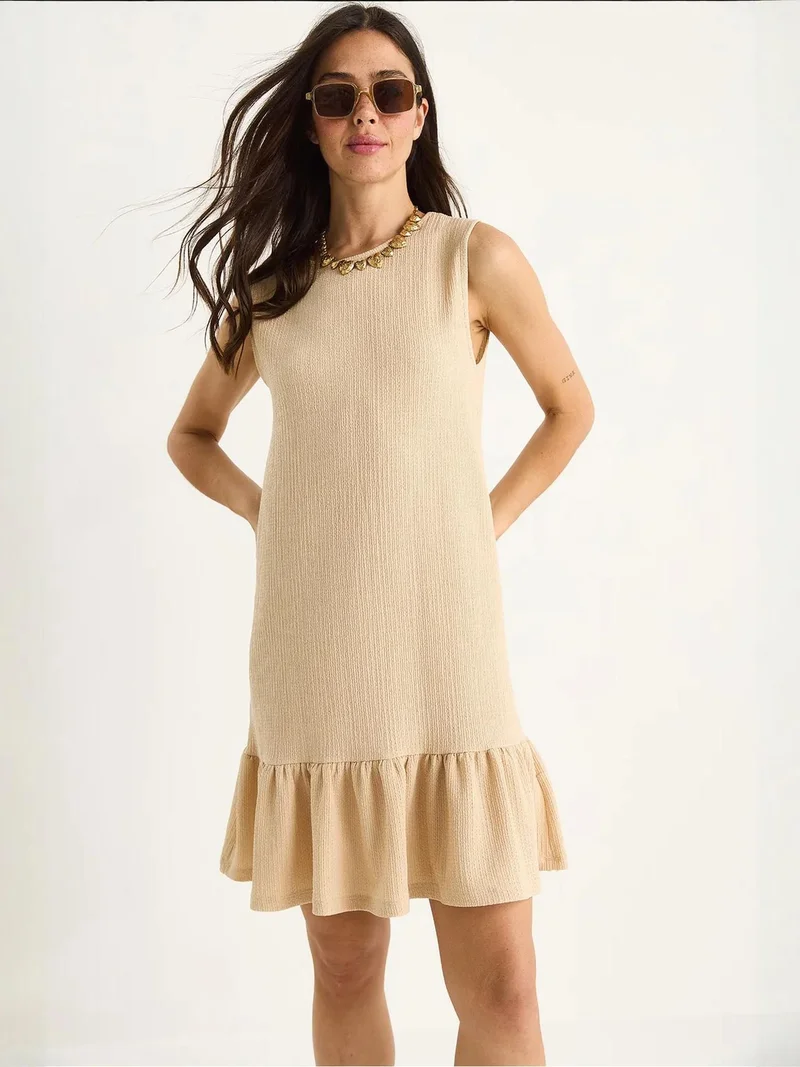 Bianco Lucci Beige Natural LUCCI Textured Crepe Midi Dress with Ruffle Detail for Women | Best Price UAE