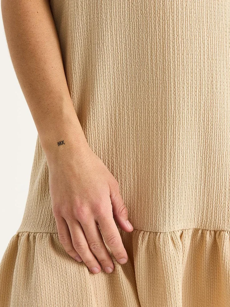 Bianco Lucci Beige Natural LUCCI Textured Crepe Midi Dress with Ruffle Detail for Women | Best Price UAE