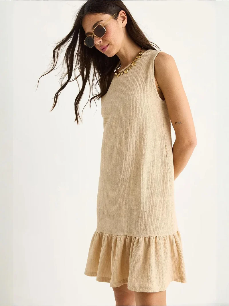 Bianco Lucci Beige Natural LUCCI Textured Crepe Midi Dress with Ruffle Detail for Women | Best Price UAE