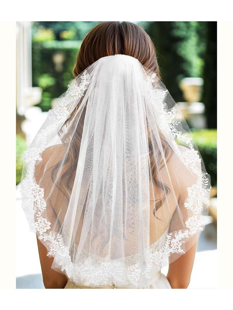 Latious Lace Wedding Veils White 1 Tier Bridal Tulle Veil Elbow Length Veils with Comb for Brides and Women (White) - Image 1