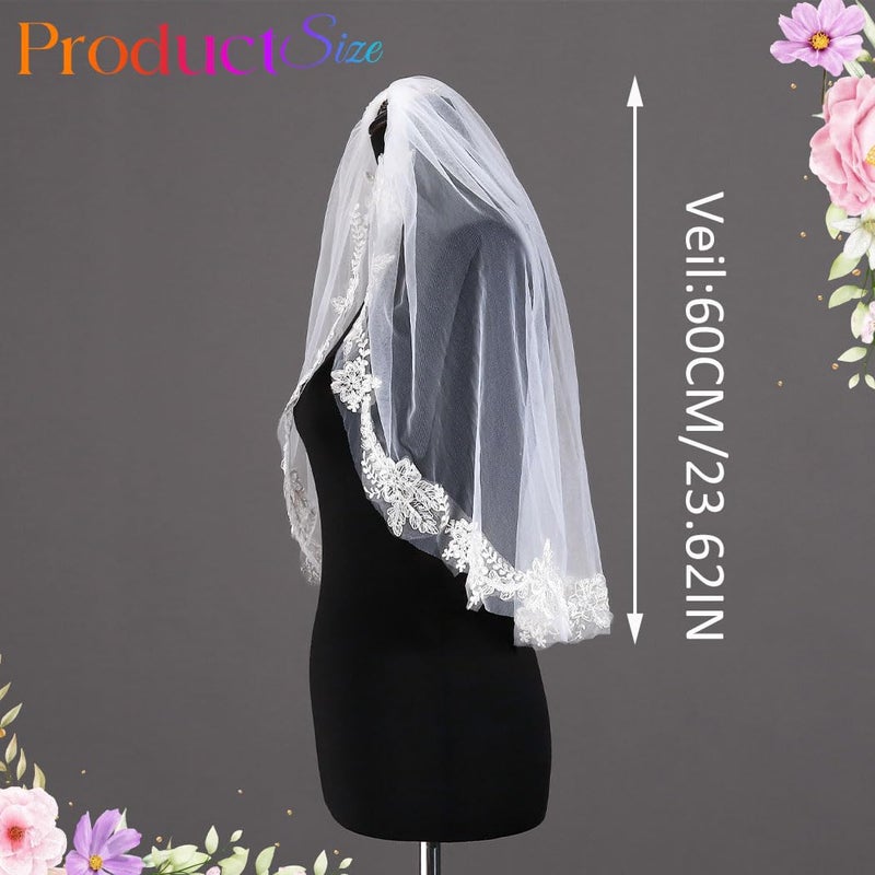 Latious Lace Wedding Veils White 1 Tier Bridal Tulle Veil Elbow Length Veils with Comb for Brides and Women (White) - Image 4