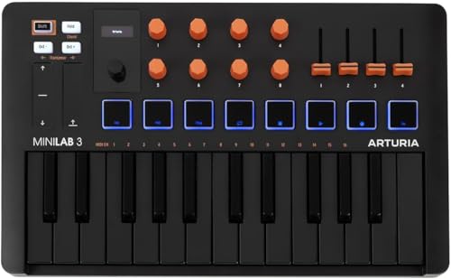 Arturia MiniLab 3 - Universal MIDI Controller for Music Production, with All-in-One Software Package - 25 Keys, 8 Multi-Color Pads - White (MiniLab 3 Only, Black/Orange) - Image 1