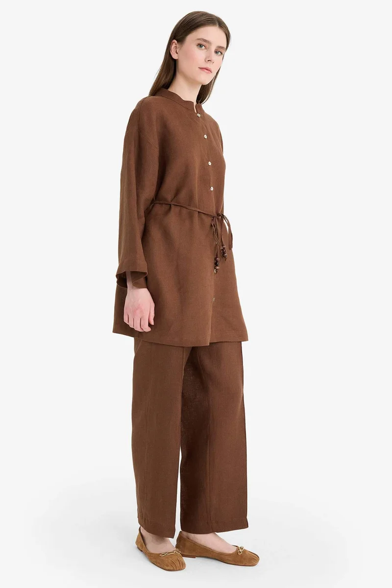ديفاكتو Straight Fit Elastic Waist Pocketed Linen Trousers