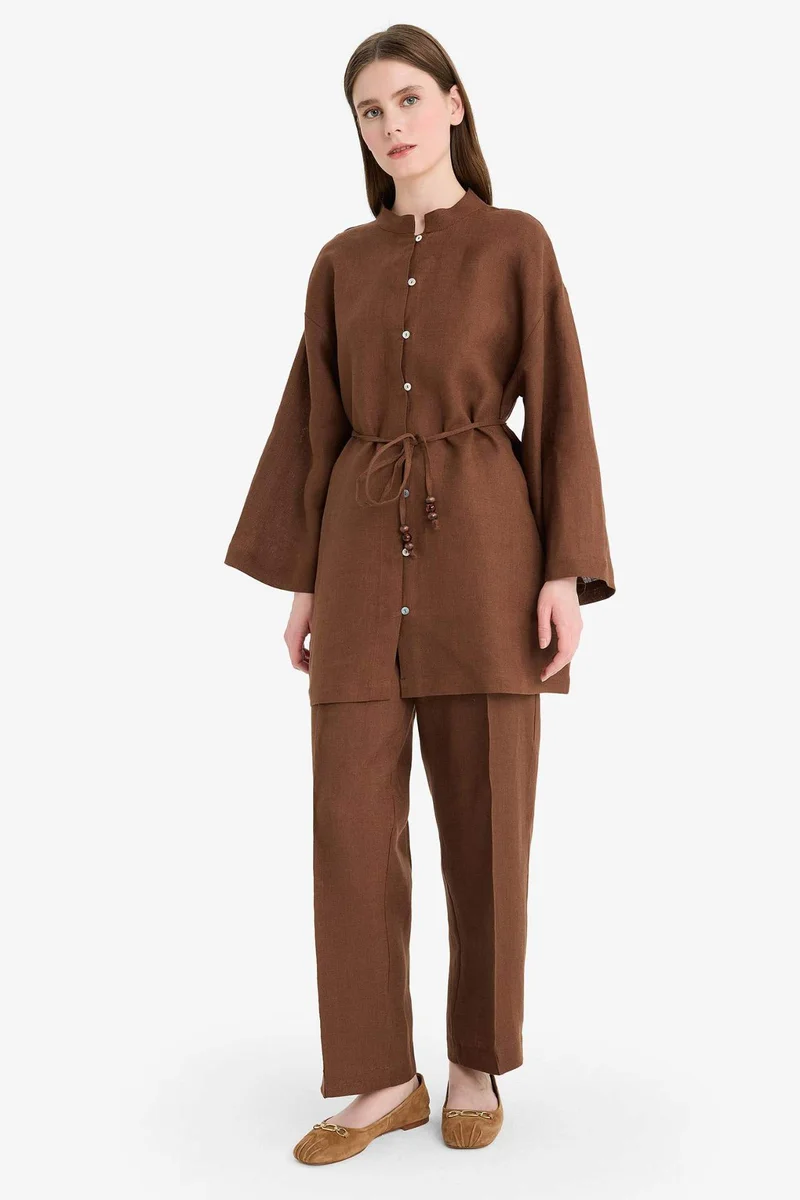 ديفاكتو Straight Fit Elastic Waist Pocketed Linen Trousers