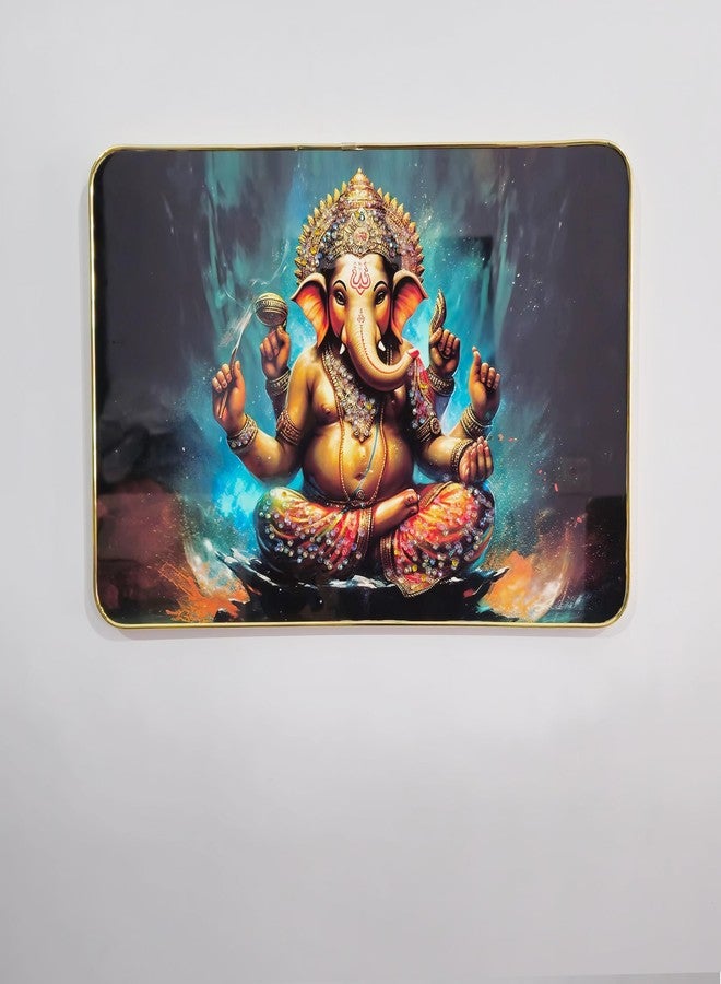 Masstone Lord Ganesha Wall Painting with Crystal Embedded High Gloss Surface Gold Slim Frame Embossed, 45x30 cm Wall Hanging Photos Home Décor Wall Art For Living Room, Bedroom, Drawing room - Image 1