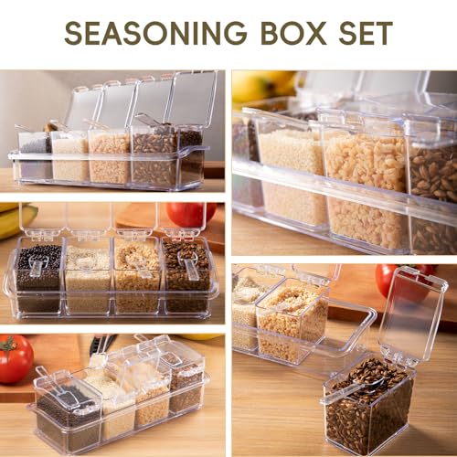 XJMWXHFC Clear Seasoning Box, 4 Pieces Seasoning Rack Spice Pots, Storage Container Condiment Jars Acrylic Seasoning Box with Covers and Spoons for Spice, Sugar, Salt, Sugar, Cardamon, Cinnamon - Image 4