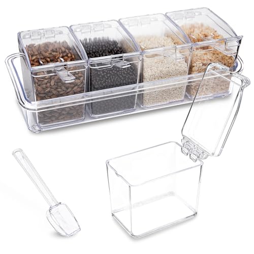 XJMWXHFC Clear Seasoning Box, 4 Pieces Seasoning Rack Spice Pots, Storage Container Condiment Jars Acrylic Seasoning Box with Covers and Spoons for Spice, Sugar, Salt, Sugar, Cardamon, Cinnamon - Image 1