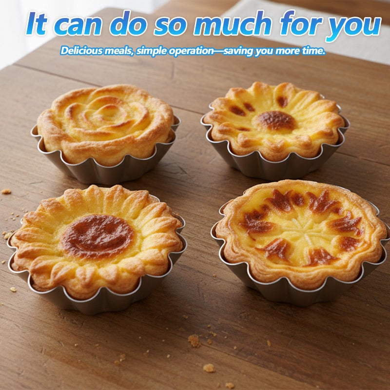 Neyauo 6 Pcs Ensaymada Molder Filipino, Aluminum Alloy Bibingka Molder, Round Egg Tart Molds, Chrysanthemum Cake Pan with Wave Edge, Multipurpose Baking Tool for Egg Tarts Cakes Cupcakes Puddings(4.5 Inch) - Image 3