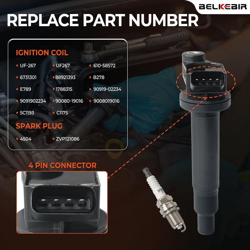 BELKEBIR Set of 6 Ignition Coil Pack & Iridium Spark Plugs Compatible with V6 3.0L 3.3L 2000-2008 Toyota Avalon Camry Highlander Sienna Solara, 1999-2008 Lexus RX300 RX330 ES300 ES330 RX400h Replace UF267 - Image 3