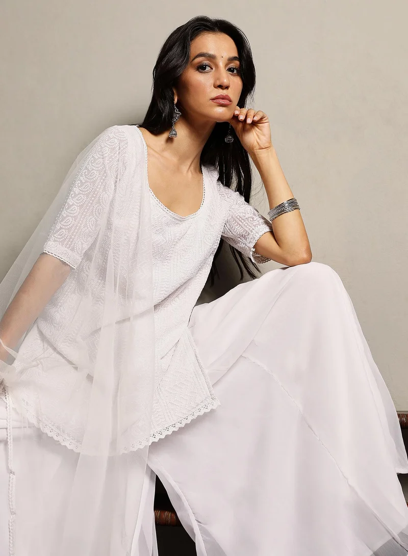 قصة Women's Daisy White Solid Schiffli Kurti With Palazzo & Dupatta